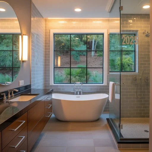 Luxury Full Bathroom Remodeling in Knoxville featuring double sinks and frameless glass