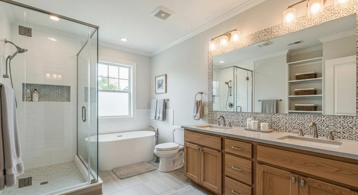 Modern bathroom remodel Knoxville TN featuring a wood vanity, glass shower, freestanding tub, stone tile backsplash, and bright natural lighting.