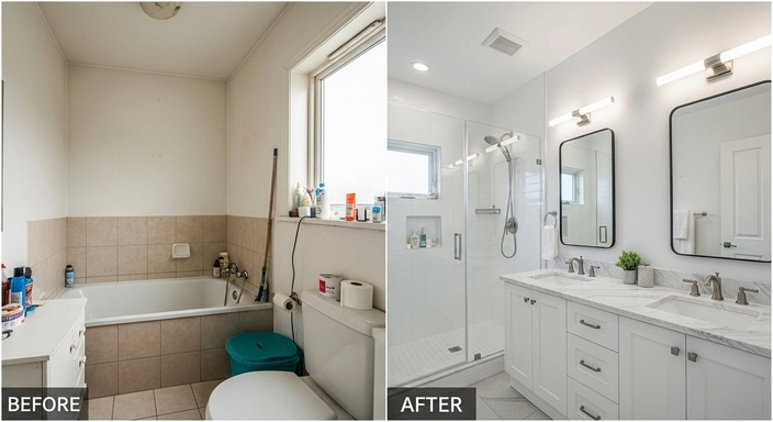 Before and after bathroom remodel in Knoxville, TN – transformation from an outdated small bathroom with old tiles and tub to a modern space featuring a glass shower, marble vanity, and stylish fixtures to bathroom remodel cost calculator